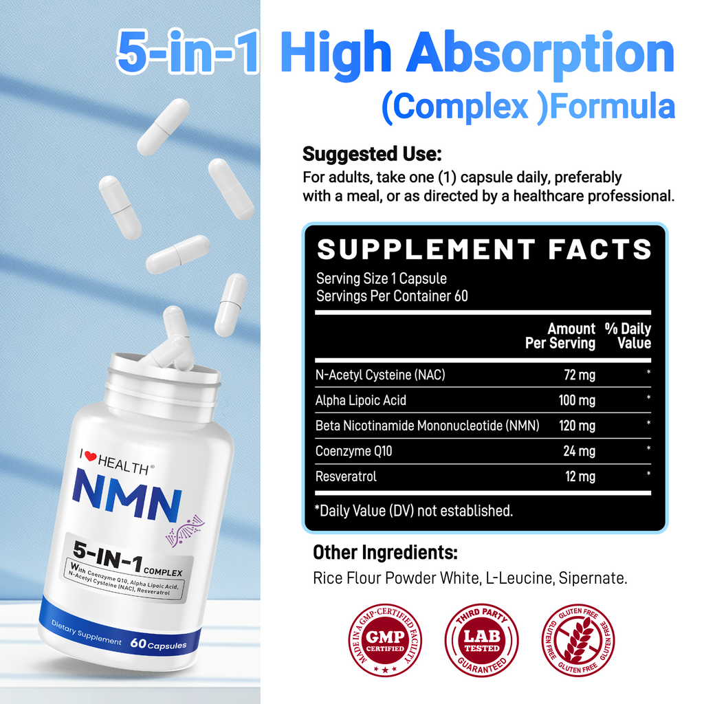 I Love Health NMN 5-In-1 Complex Plus+ for Women & Men W/ NAC, Alpha Lipoic Acid, NMN, Coenzyme Q10, Resveratrol | 60 Capsules | Supports Energy,Anti-Aging, Antioxidant & Cellular Health