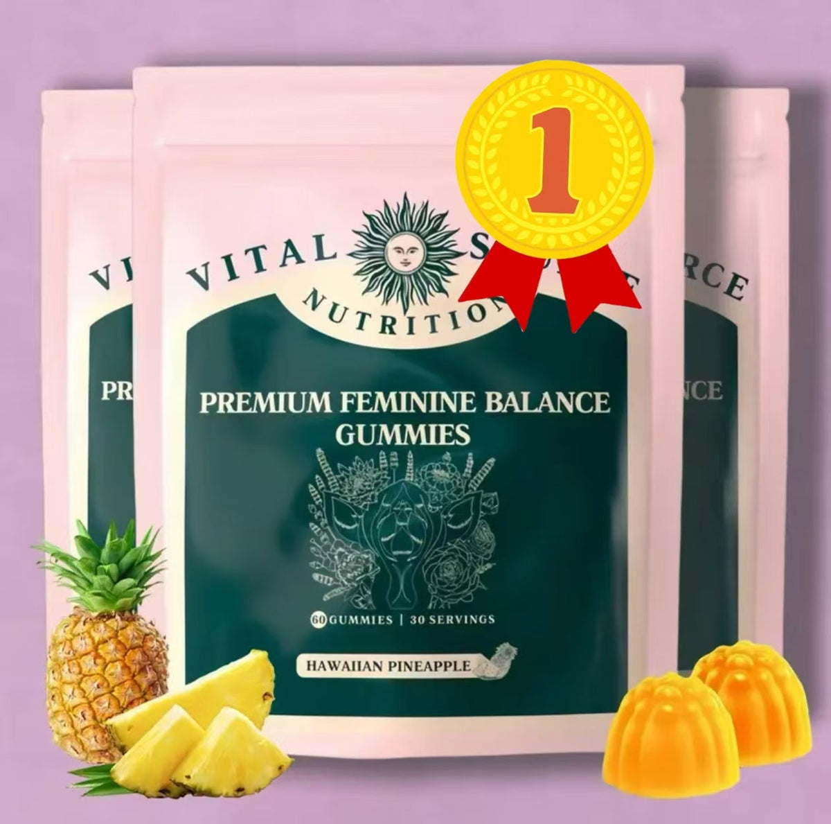 Premium Feminine Balance Gummies - for Women’s Health & Wellness - Immune Support - Vegan, Gluten-Free & Halal - Hawaiian Pineapple - 60 Gummies - 30 Servings
