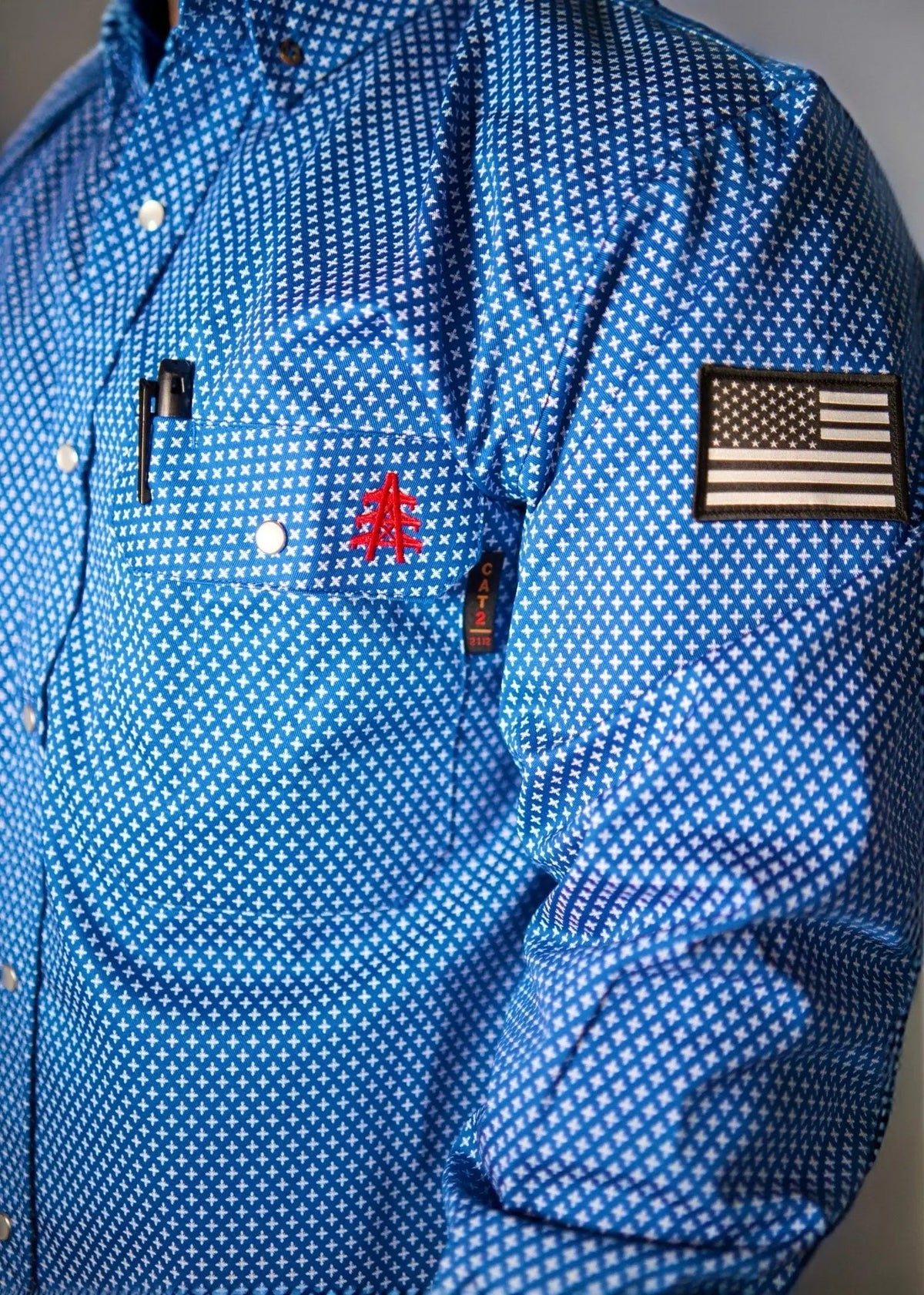 FR Pearl Snap Work Shirt - Royal Blue - With U.S Flag